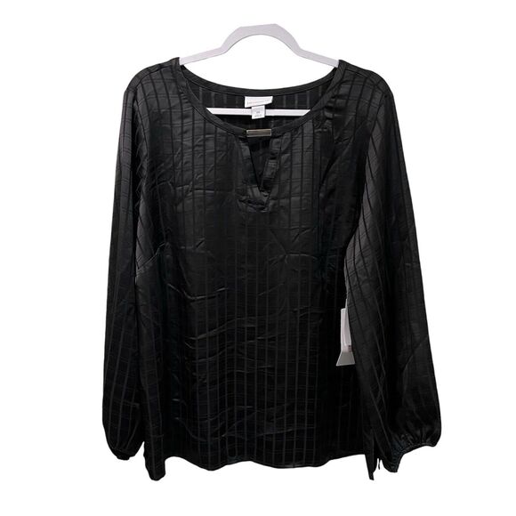 Liz Claiborne Woman 0X Plus Size Black Blouse Keyhole Neckline Elastic Cuffs NWT - Picture 1 of 6